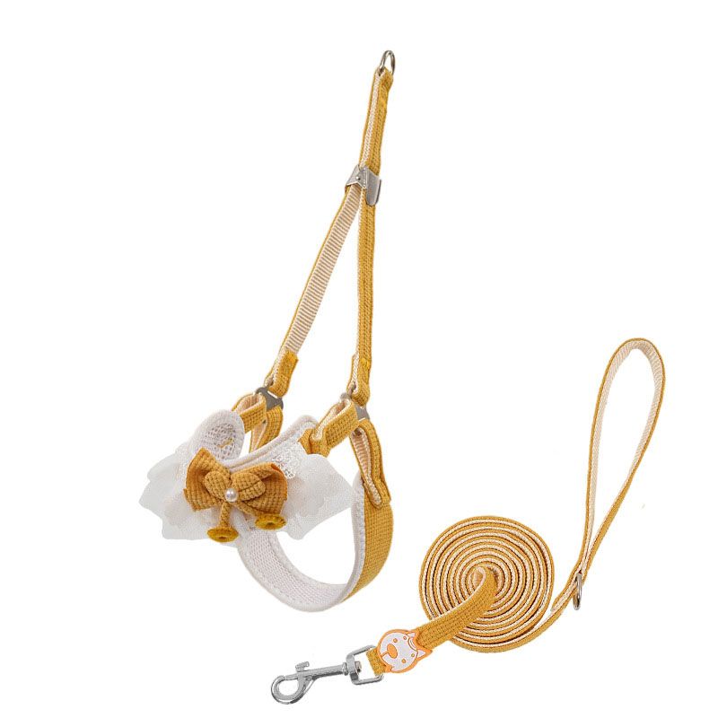 Orange-yellow Lace Y-Shaped Pet Harness and Leash Set - Breathable Mesh Vest for Small to Medium Dogs and Cats - Comfortable Walking Gear with 150cm Leash(Size:M) - Image 1