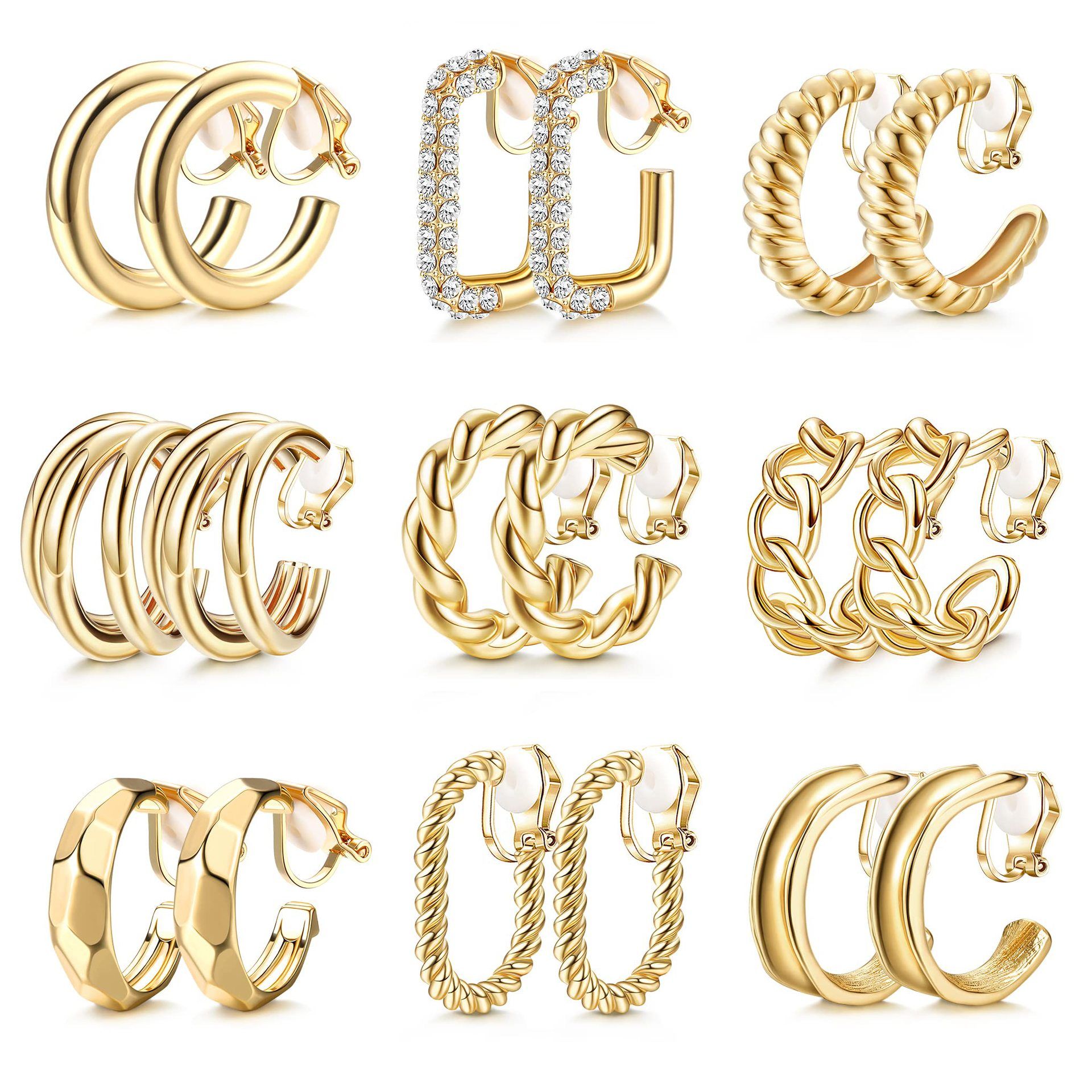 9 Pairs Geometric C-Shaped Non-Pierced Ear Clips Minimalist Hollow Electroplated Alloy Ear Cuffs Painless Fashion Accessory for Local Women - Image 1