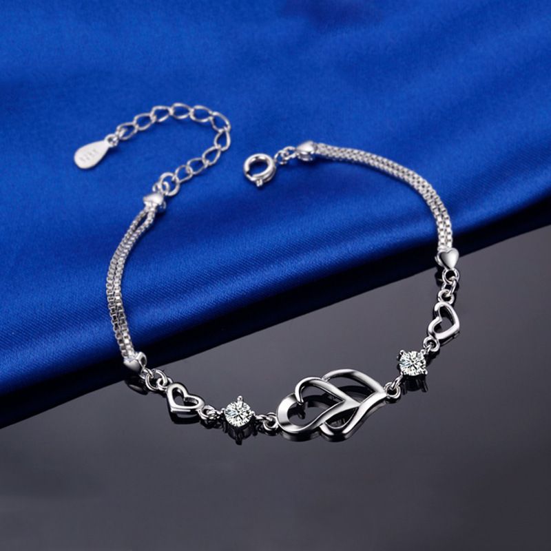 Heart-to-Heart Silver Plated Bracelet with Sparkling Rhinestones Elegant Romantic Jewelry for Women Includes Local Standard Gift Box for Special Occasions(3A White Diamond) - Image 1