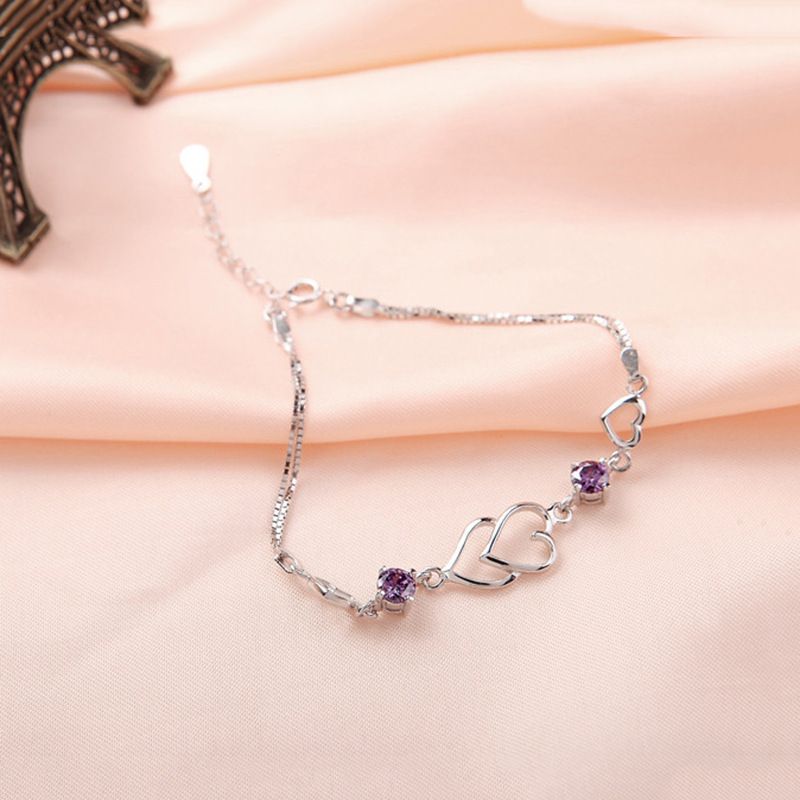 Heart-to-Heart Silver Plated Bracelet with Sparkling Rhinestones Elegant Romantic Jewelry for Women Includes Local Standard Gift Box for Special Occasions(3A Purple Diamond) - Image 1
