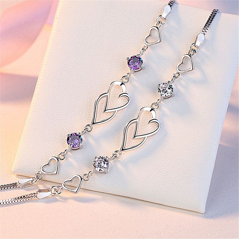 Heart-to-Heart Silver Plated Bracelet with Sparkling Rhinestones Elegant Romantic Jewelry for Women Includes Local Standard Gift Box for Special Occasions(3A Purple Diamond) - Image 4