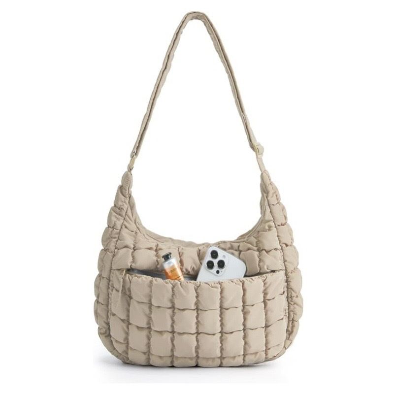 Khaki Ruched Cloud Shoulder Bag with Puffy Down Cotton Padded Dumpling Shape Lightweight Crossbody Handbag for Local Women Fashionable Daily Essential - Image 1