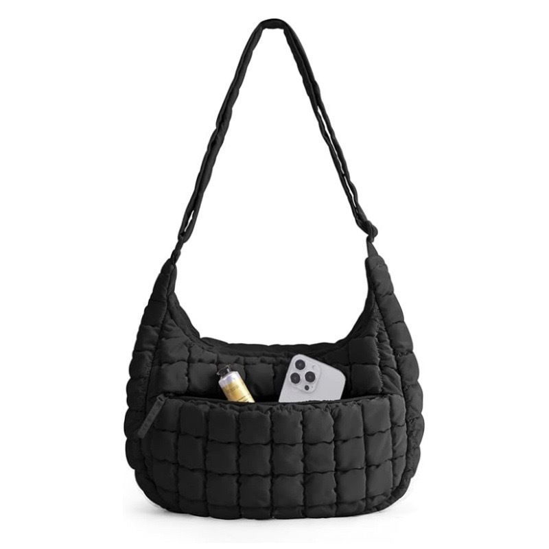 Black Ruched Cloud Shoulder Bag with Puffy Down Cotton Padded Dumpling Shape Lightweight Crossbody Handbag for Local Women Fashionable Daily Essential - Image 1