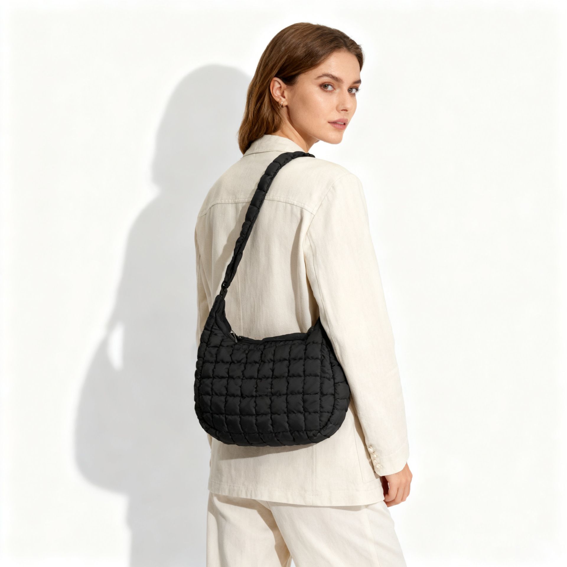 Black Ruched Cloud Shoulder Bag with Puffy Down Cotton Padded Dumpling Shape Lightweight Crossbody Handbag for Local Women Fashionable Daily Essential - Image 2