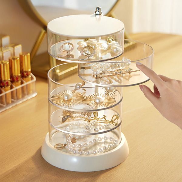 Rotating Jewelry Storage Box Transparent Multi-Compartment Design for Earrings and Hair Accessories Space-Saving Organization Solution for Local Vanities(Five layers) - Image 1