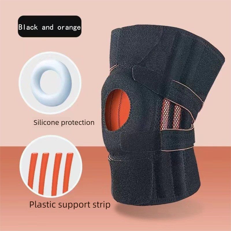 Black and orange Adjustable Open Patella Knee Brace with Spring Support and Compression Straps for Basketball Squats and Running Joint Protection for Local Athletes - Image 1