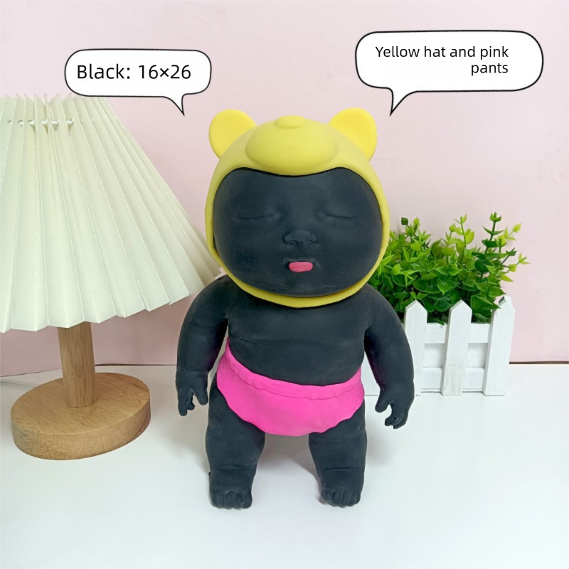 Black 26CM Large Squeeze Ugly Doll Stress Relief Toy Slow Rebound TPR Sand-Filled Squishy Figure for Local Home Pretend Play and Anxiety Reduction(Yellow hat and red trousers) - Image 1