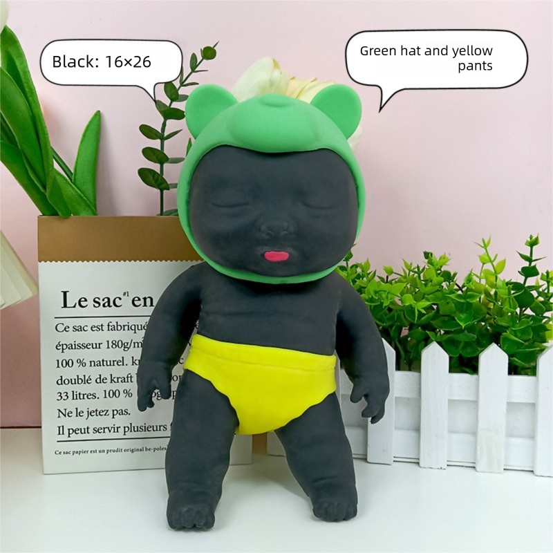 Black 26CM Large Squeeze Ugly Doll Stress Relief Toy Slow Rebound TPR Sand-Filled Squishy Figure for Local Home Pretend Play and Anxiety Reduction(Green hat and yellow trousers) - Image 1