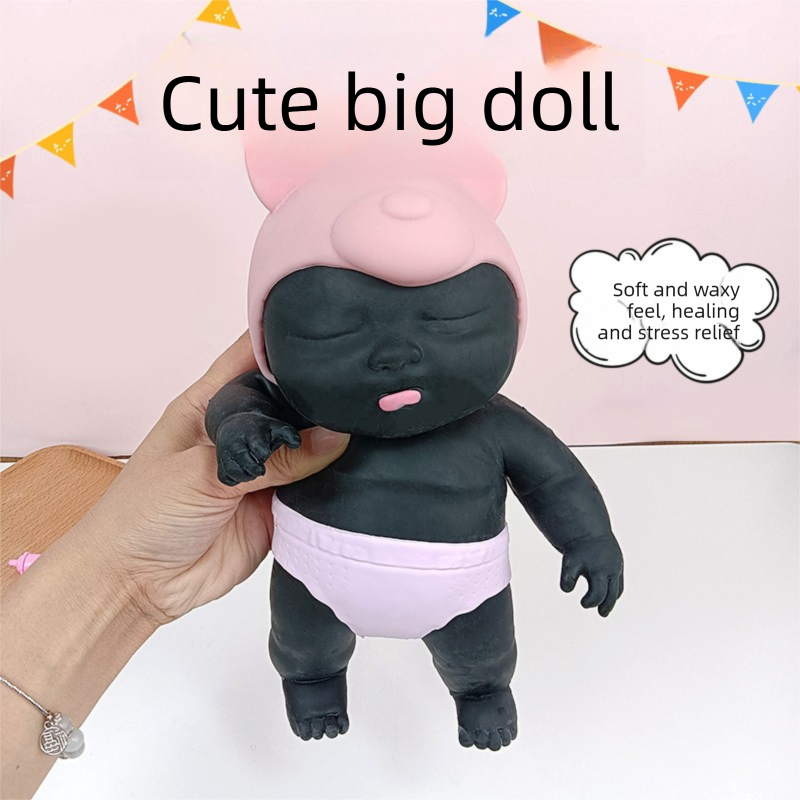 Black 26CM Large Squeeze Ugly Doll Stress Relief Toy Slow Rebound TPR Sand-Filled Squishy Figure for Local Home Pretend Play and Anxiety Reduction(Pink cap and purple trousers) - Image 1