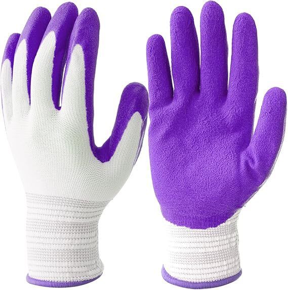 3 Pairs Purple Gardening Gloves with Breathable Latex Coating - Non-Slip Protective Work Gloves for Yard Work Planting and Outdoor Maintenance - All-Day Comfort and Dexterity for Gardeners - Image 1