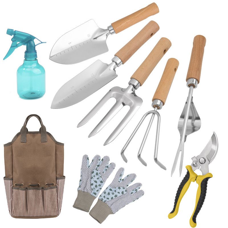 9-Piece Gardening Tool Set - Heavy Duty Stainless Steel with Beechwood Handles - Complete Garden Kit including Storage Tote, Hand Trowel, Rake, Pruning Shears and Gloves, Durable Gift Ready Solution - Image 1