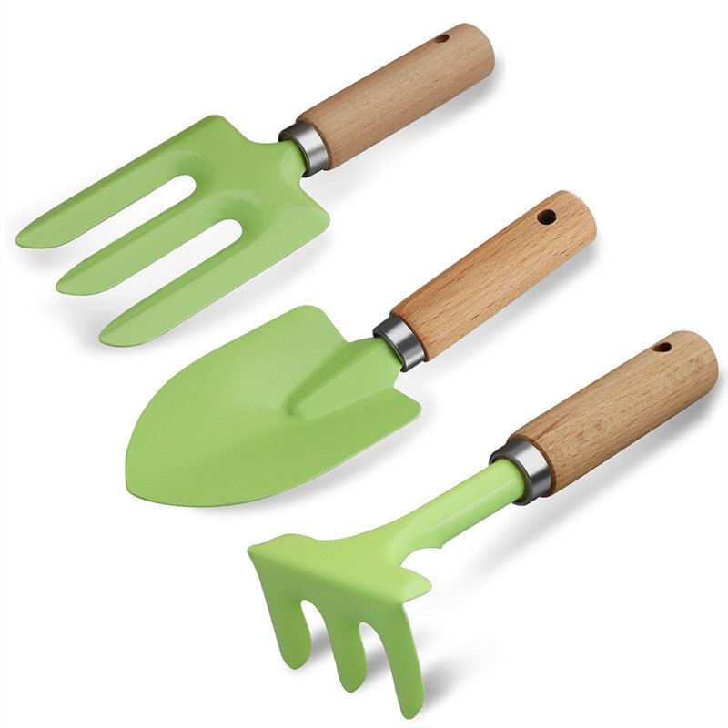 Mini Gardening Tool Set - 3-Piece Natural Wood Handle and Sturdy Metal Shovel Rake Spade - Ideal for Children, Succulent Care and DIY Indoor Potting, Compact Daily Solution for Home and Yard - Image 1