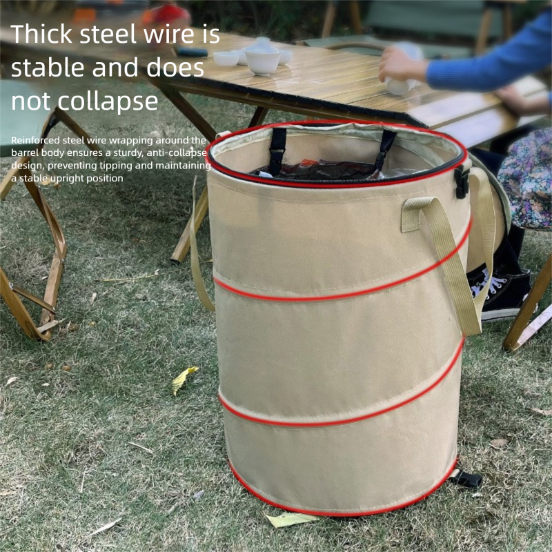 Army green Foldable Camping Trash Can with Lid - Large Capacity Heavy Duty Pop Up Rubbish Bin - Portable Storage Bag for Caravan, Picnic, Gardening and Outdoor Adventures - Space Saving Design(Size: S) - Image 3