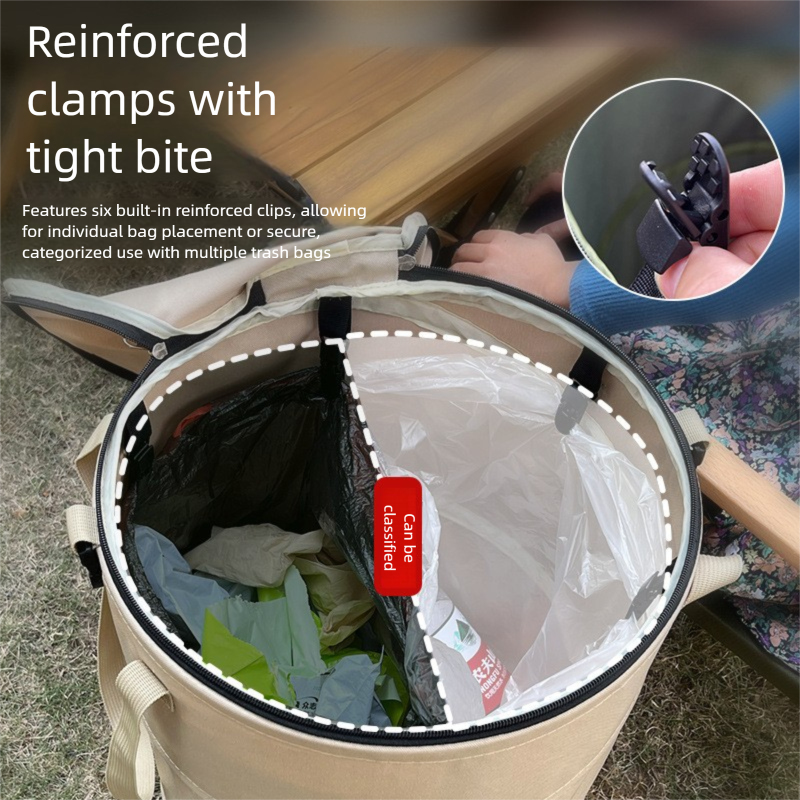 Army green Foldable Camping Trash Can with Lid - Large Capacity Heavy Duty Pop Up Rubbish Bin - Portable Storage Bag for Caravan, Picnic, Gardening and Outdoor Adventures - Space Saving Design(Size: S) - Image 5
