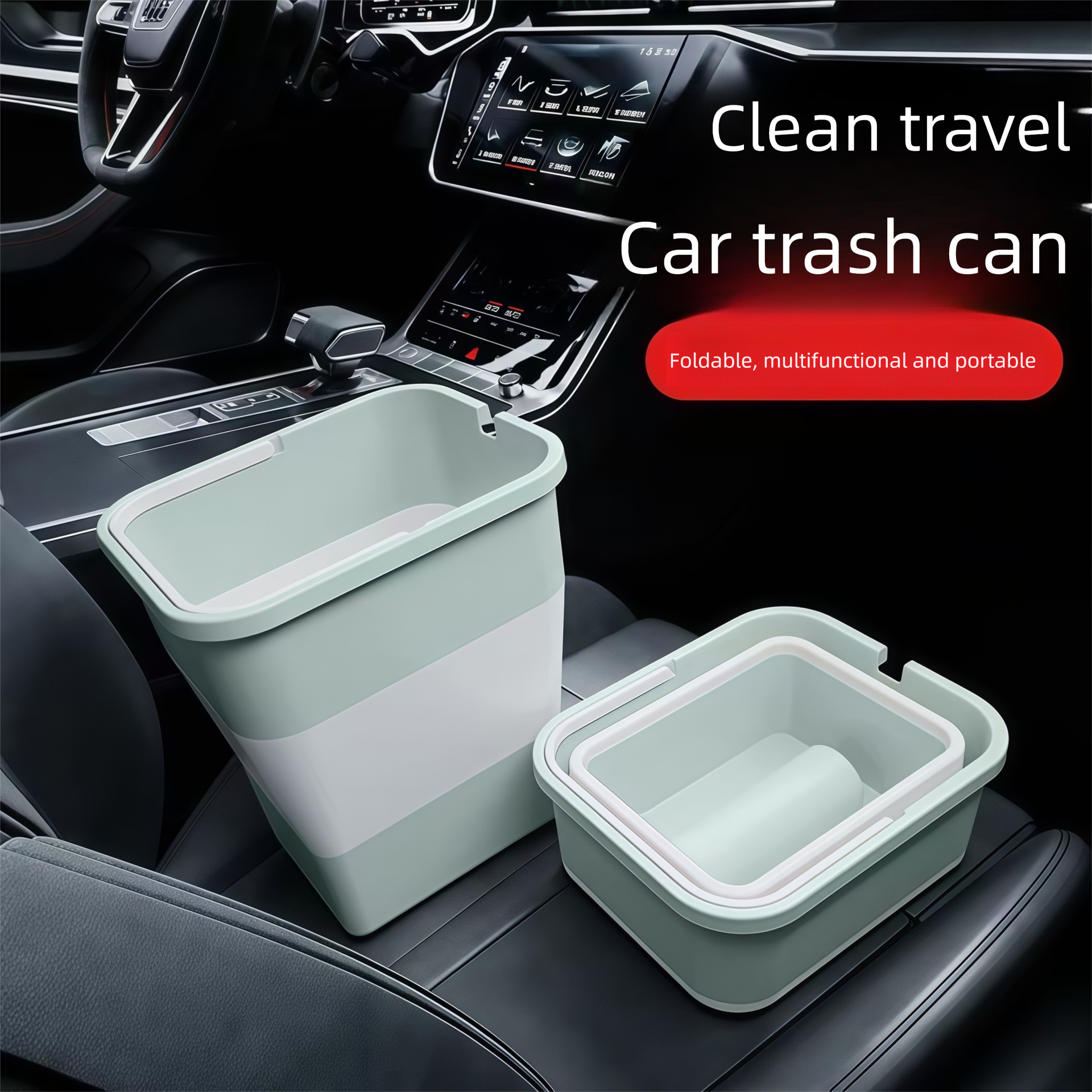 Light green Foldable Car Trash Can and Multi-Functional Storage Bin - Includes 5 Rolls of Bags - Leak-Proof Waterproof Design for Road Trips, Camping and Daily Commuting - Space Saving Portable Organiser(large) - Image 5