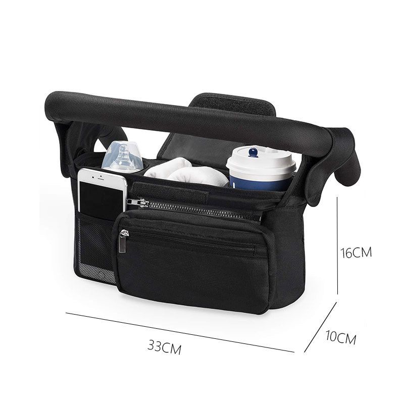 Black Universal Stroller Organizer Bag - Durable Water-Resistant Fabric - Dual Insulated Cup Holders, Large Capacity Storage Caddy for Diapers and Essentials, Fits Most Prams, Travel Friendly Solution - Image 1