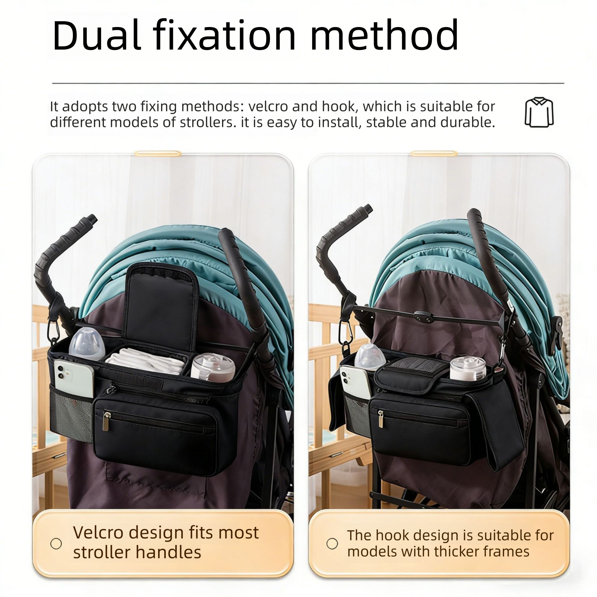 Black Universal Stroller Organizer Bag - Durable Water-Resistant Fabric - Dual Insulated Cup Holders, Large Capacity Storage Caddy for Diapers and Essentials, Fits Most Prams, Travel Friendly Solution - Image 3