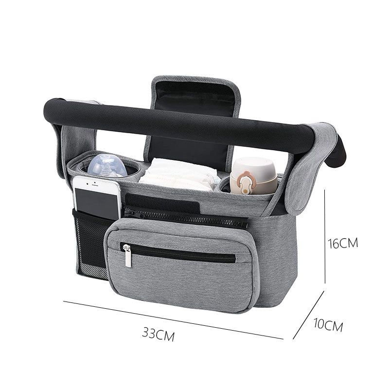 Grey Universal Stroller Organizer Bag - Durable Water-Resistant Fabric - Dual Insulated Cup Holders, Large Capacity Storage Caddy for Diapers and Essentials, Fits Most Prams, Travel Friendly Solution - Image 1