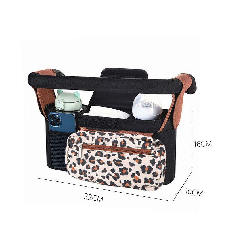 Leopard pattern Universal Stroller Organizer Bag - Durable Water-Resistant Fabric - Dual Insulated Cup Holders, Large Capacity Storage Caddy for Diapers and Essentials, Fits Most Prams, Travel Friendly Solution - Image 1