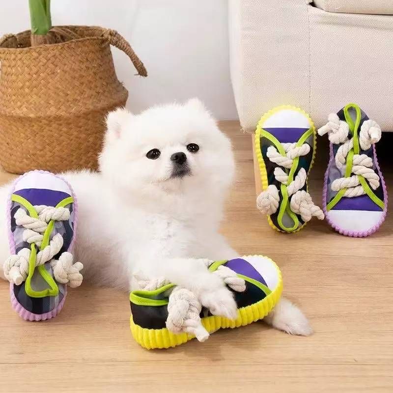 Purple Squeaky Canvas Shoe Dog Toy - Durable Realistic Sneaker Design for Chewing and Teething, Interactive Boredom Buster with Built-in Squeaker, Daily Play and Training Solution for Pets - Image 2