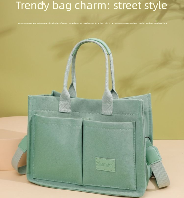 Beige Large Canvas Tote Bag for Women - Multi-Pocket Utility Organiser with Wide Adjustable Shoulder Strap - Trendy Crossbody and Handheld Bag for Work, Shopping and Travel - Daily Comfort Solution - Image 2