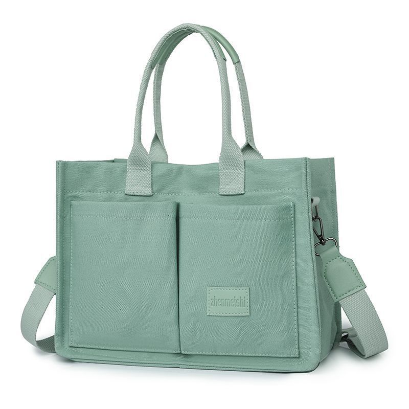 Green Large Canvas Tote Bag for Women - Multi-Pocket Utility Organiser with Wide Adjustable Shoulder Strap - Trendy Crossbody and Handheld Bag for Work, Shopping and Travel - Daily Comfort Solution - Image 1