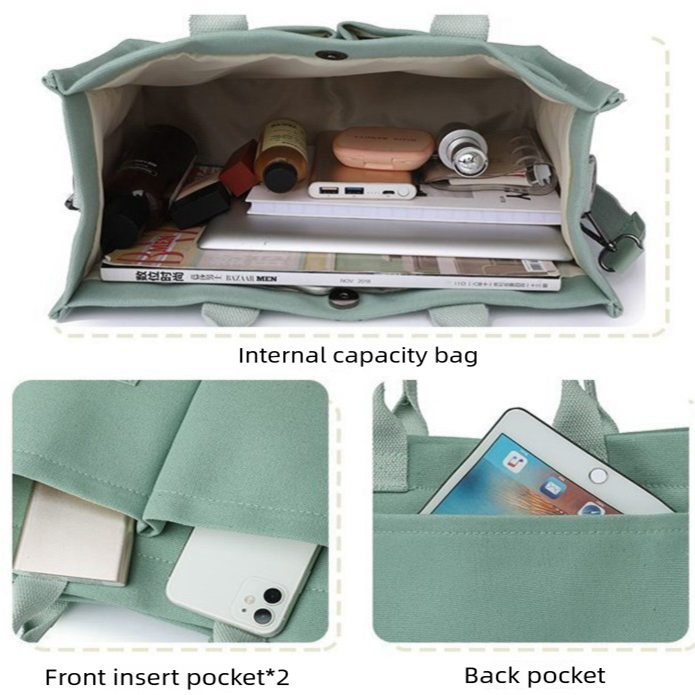 Green Large Canvas Tote Bag for Women - Multi-Pocket Utility Organiser with Wide Adjustable Shoulder Strap - Trendy Crossbody and Handheld Bag for Work, Shopping and Travel - Daily Comfort Solution - Image 4