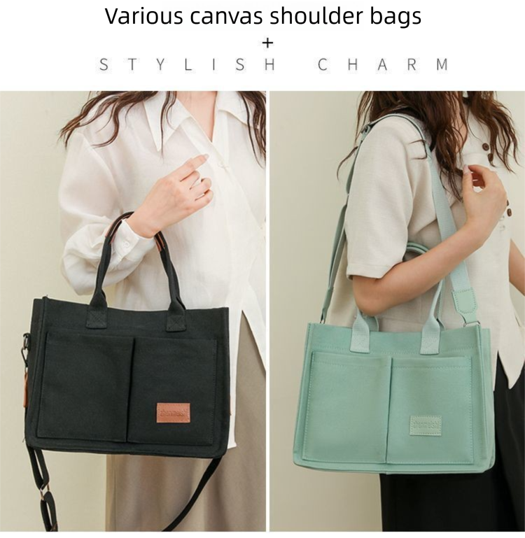 Green Large Canvas Tote Bag for Women - Multi-Pocket Utility Organiser with Wide Adjustable Shoulder Strap - Trendy Crossbody and Handheld Bag for Work, Shopping and Travel - Daily Comfort Solution - Image 5