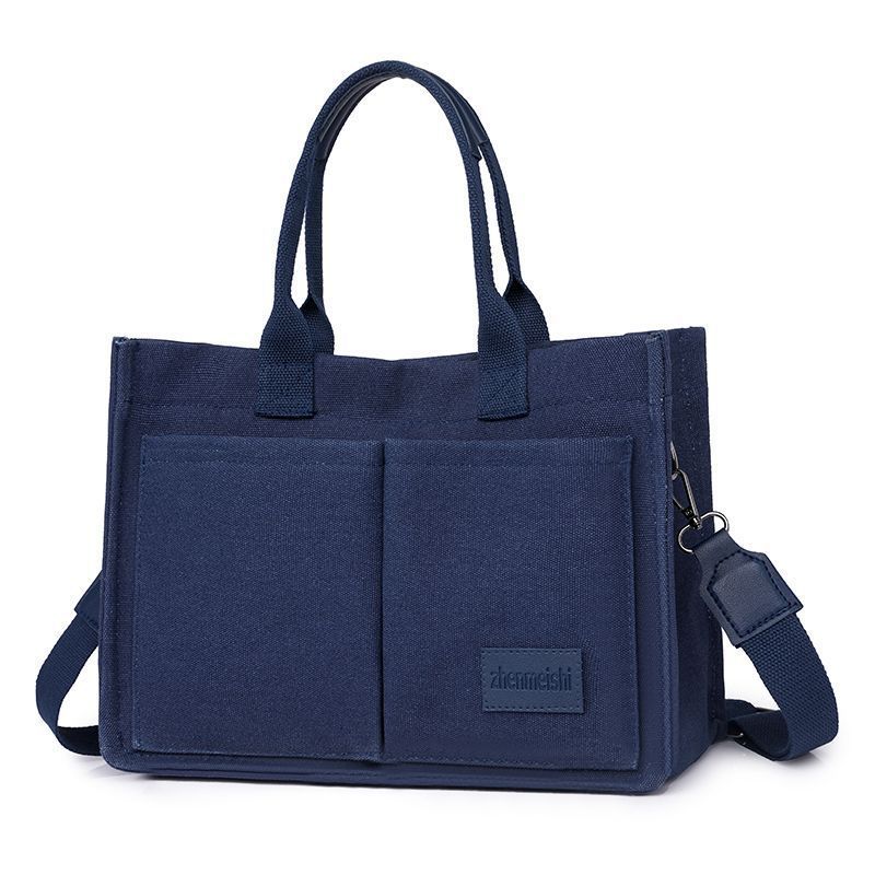 Dark blue Large Canvas Tote Bag for Women - Multi-Pocket Utility Organiser with Wide Adjustable Shoulder Strap - Trendy Crossbody and Handheld Bag for Work, Shopping and Travel - Daily Comfort Solution - Image 1