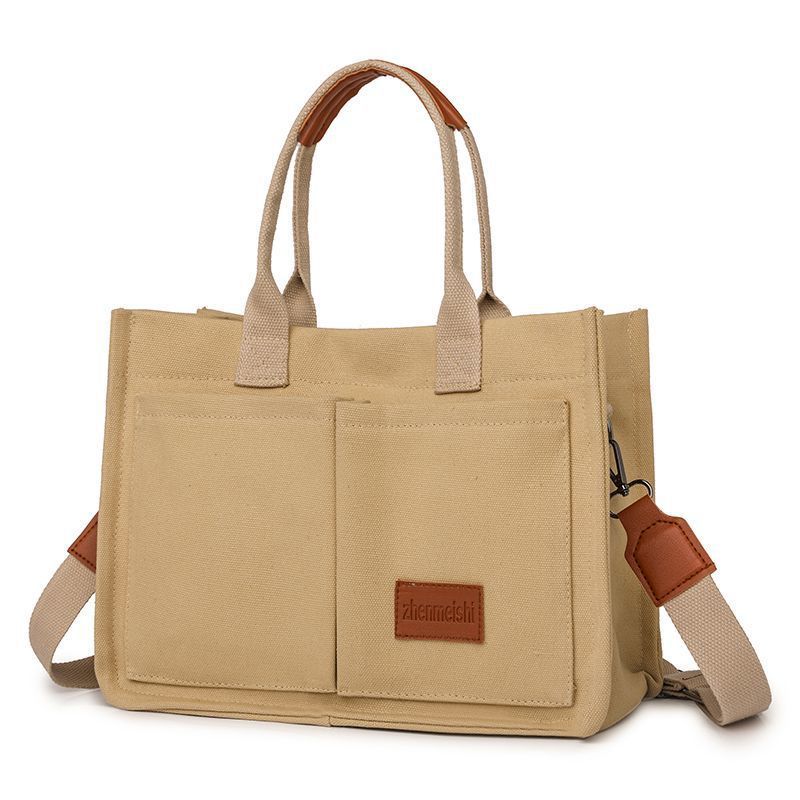 Khaki Large Canvas Tote Bag for Women - Multi-Pocket Utility Organiser with Wide Adjustable Shoulder Strap - Trendy Crossbody and Handheld Bag for Work, Shopping and Travel - Daily Comfort Solution - Image 1