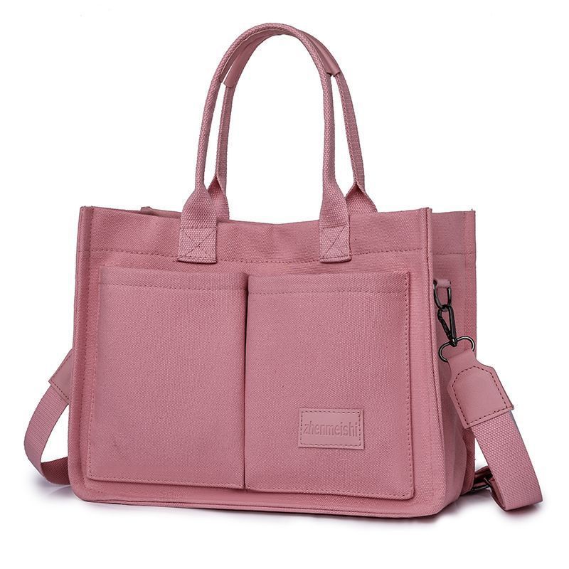 Pink Large Canvas Tote Bag for Women - Multi-Pocket Utility Organiser with Wide Adjustable Shoulder Strap - Trendy Crossbody and Handheld Bag for Work, Shopping and Travel - Daily Comfort Solution - Image 1