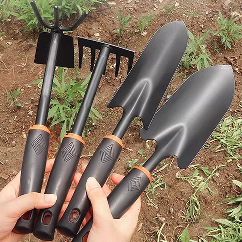 4-Piece Garden Hand Tool Set - Heavy Duty Steel with Ergonomic Non-Slip Grips - Includes Trowel, Transplanter, 5-Prong Rake and Dual-Purpose Hoe for Weeding, Planting and Shell Digging - Image 1