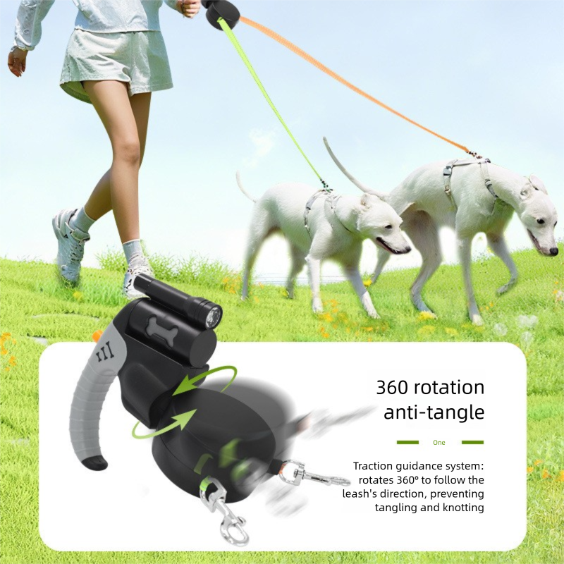 Blue Dual Retractable Dog Leash - Tangle-Free 360 Degree Rotation - Built-in LED Flashlight, Individual Brake and Lock System for Two Dogs, Safety for Night Walking and Outdoor Training - Image 3