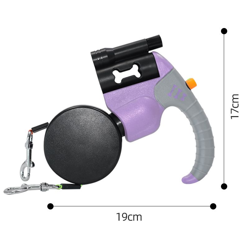 Purple Dual Retractable Dog Leash - Tangle-Free 360 Degree Rotation - Built-in LED Flashlight, Individual Brake and Lock System for Two Dogs, Safety for Night Walking and Outdoor Training - Image 1