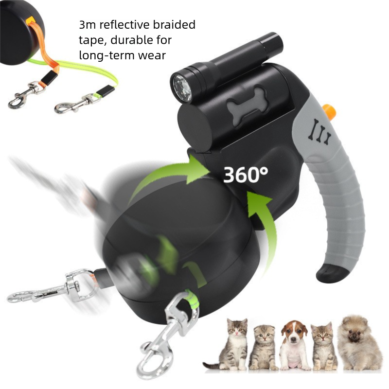 Brown Dual Retractable Dog Leash - Tangle-Free 360 Degree Rotation - Built-in LED Flashlight, Individual Brake and Lock System for Two Dogs, Safety for Night Walking and Outdoor Training - Image 4