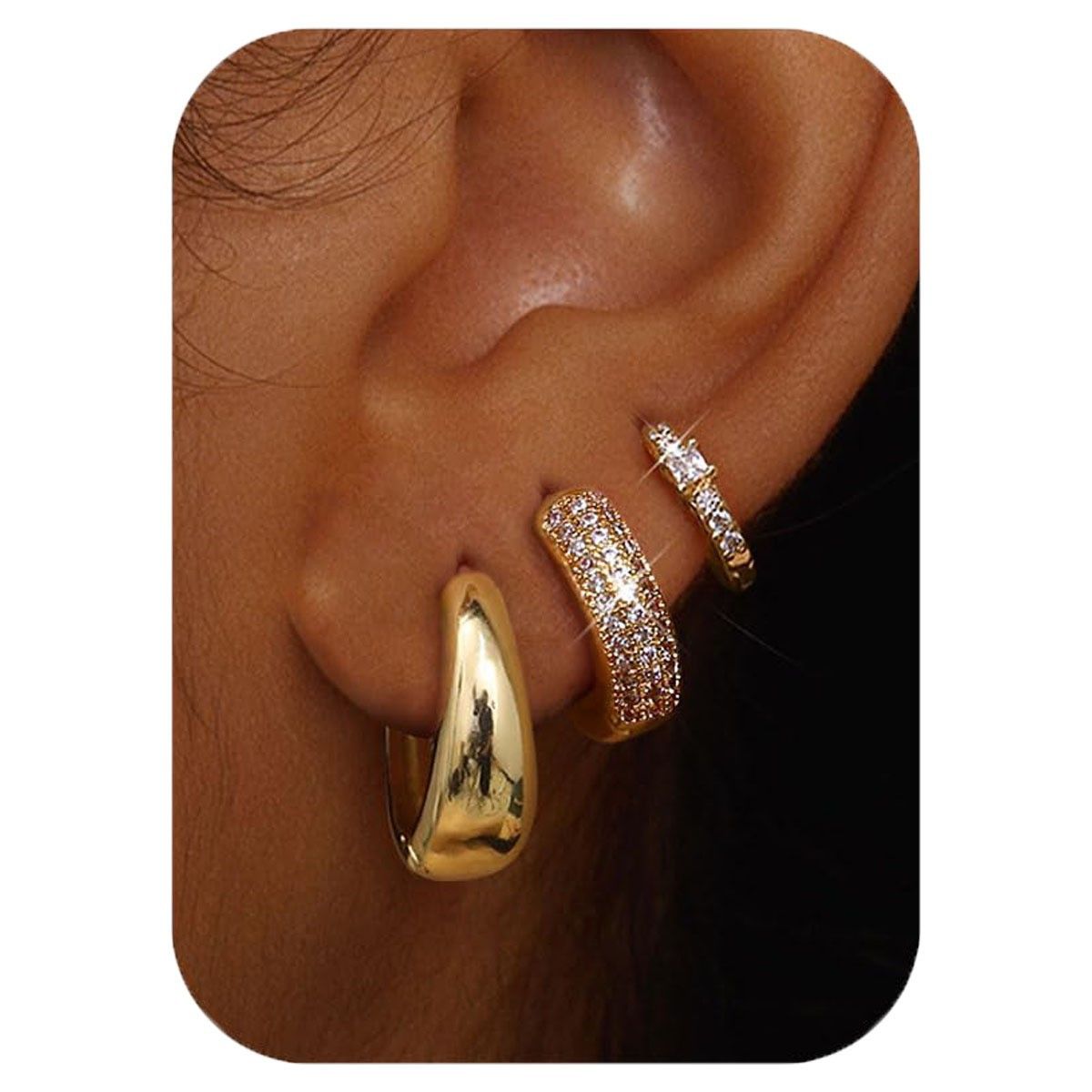 Cubic Zirconia Twisted Hoop Earring Set - 3-Piece Elegant CZ Inlay Copper Ear Buckles - Creative Sparkling Jewellery for Women, Daily Wear, Office Style or Special Occasion Gifting - Image 1