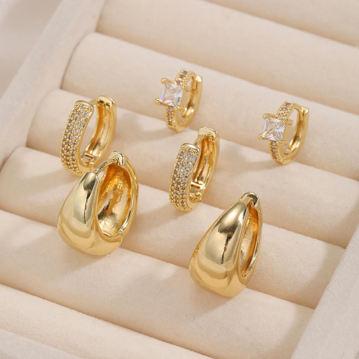 Cubic Zirconia Twisted Hoop Earring Set - 3-Piece Elegant CZ Inlay Copper Ear Buckles - Creative Sparkling Jewellery for Women, Daily Wear, Office Style or Special Occasion Gifting - Image 2