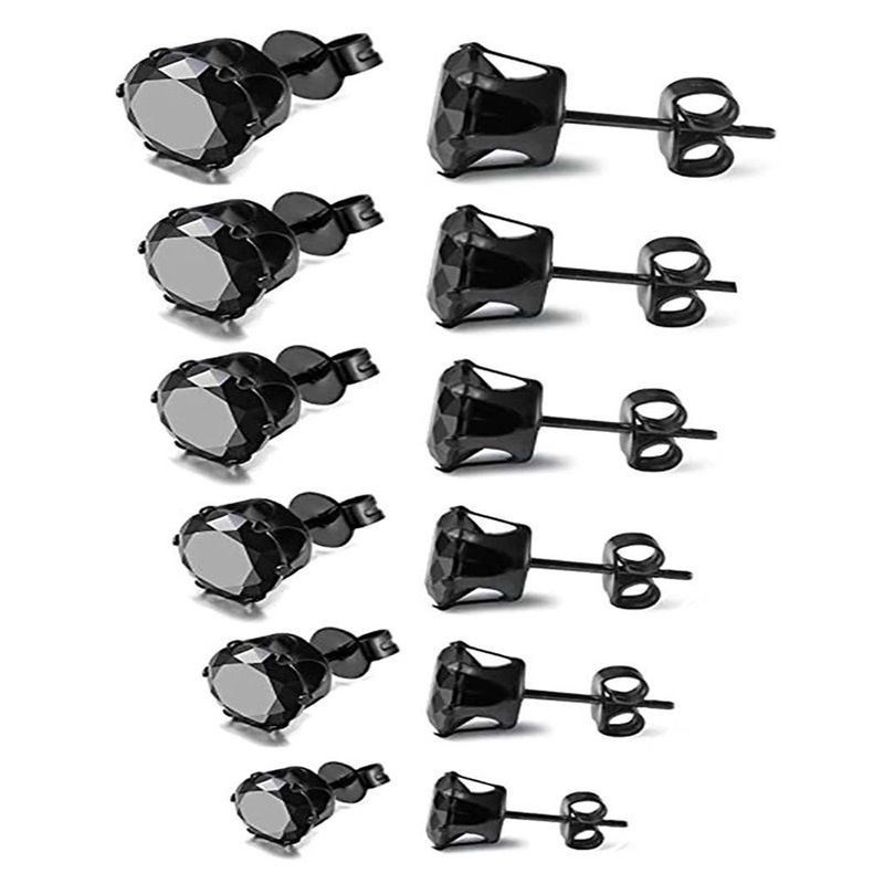 6-Pair Black Stainless Steel Stud Earring Set - Classic 6-Prong Crown Setting with Sparkling Round Cubic Zirconia in Multiple Sizes - Durable Skin-Friendly Jewelry for Daily Wear and Stacking - Image 1