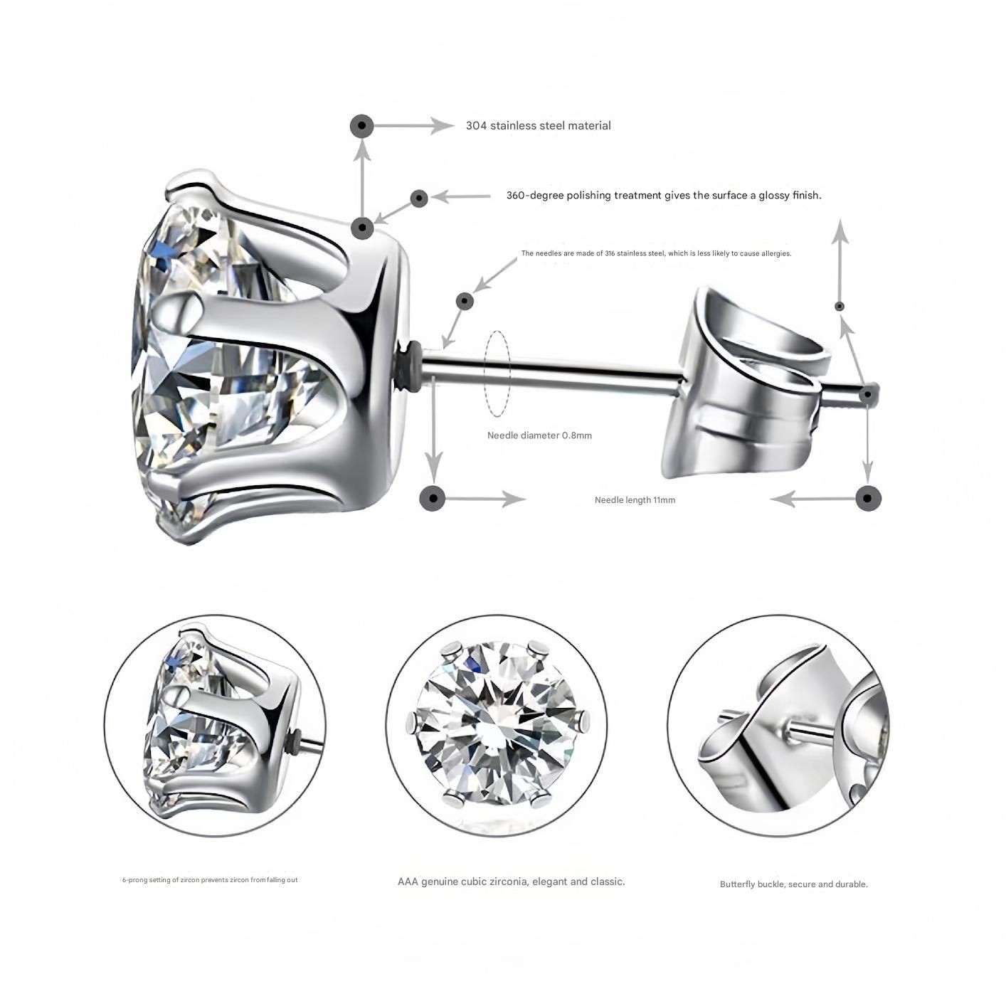 6-Pair Black Stainless Steel Stud Earring Set - Classic 6-Prong Crown Setting with Sparkling Round Cubic Zirconia in Multiple Sizes - Durable Skin-Friendly Jewelry for Daily Wear and Stacking - Image 3