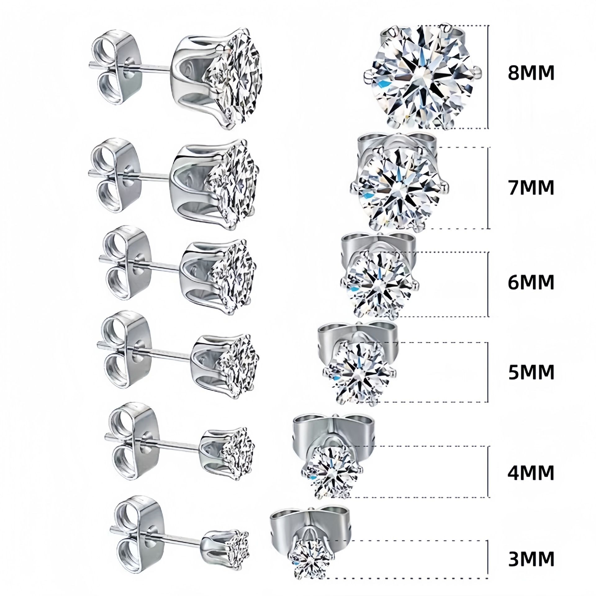6-Pair Silver Stainless Steel Stud Earring Set - Classic 6-Prong Crown Setting with Sparkling Round Cubic Zirconia in Multiple Sizes - Durable Skin-Friendly Jewelry for Daily Wear and Stacking - Image 1