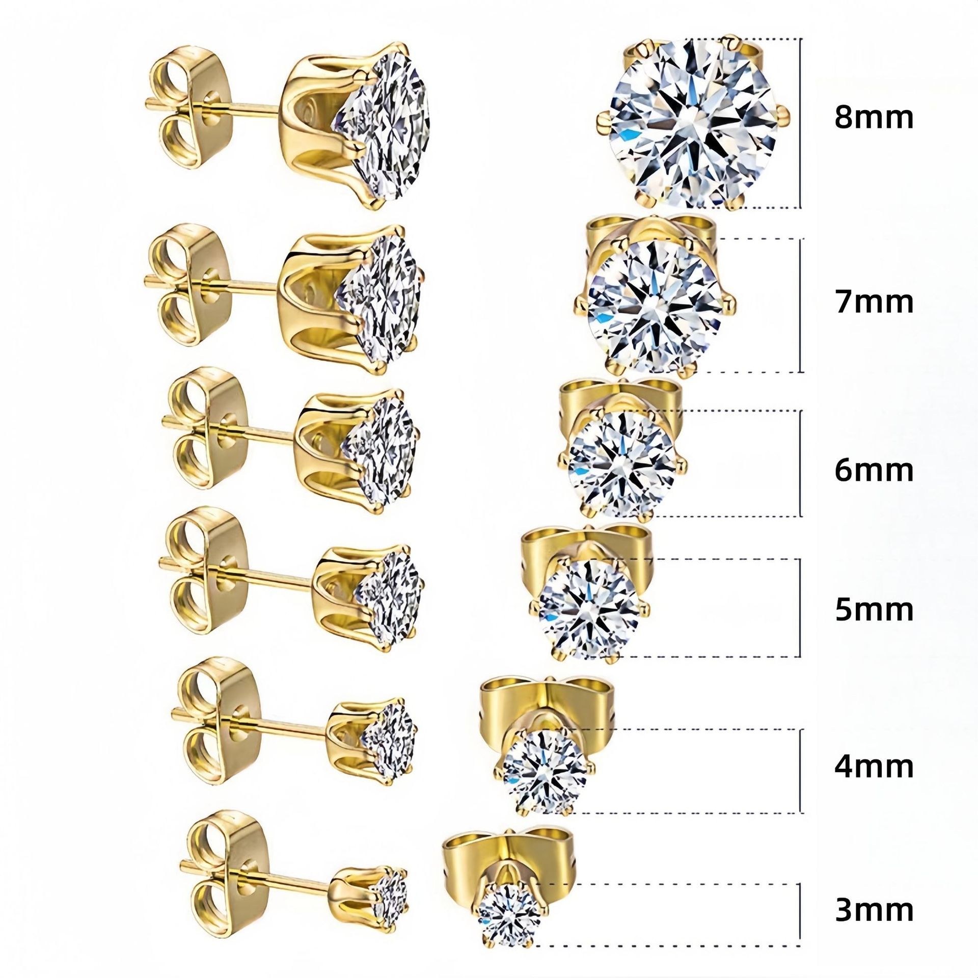 6-Pair Golden Stainless Steel Stud Earring Set - Classic 6-Prong Crown Setting with Sparkling Round Cubic Zirconia in Multiple Sizes - Durable Skin-Friendly Jewelry for Daily Wear and Stacking - Image 1