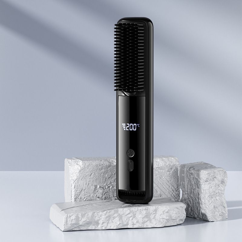 Black Wireless Rechargeable Hair Straightener Brush with LCD Display - USB-C Fast Charging, 3 Heat Settings, Cool Air Function - Portable Ceramic Heating Comb for Travel and Home Use - Image 1