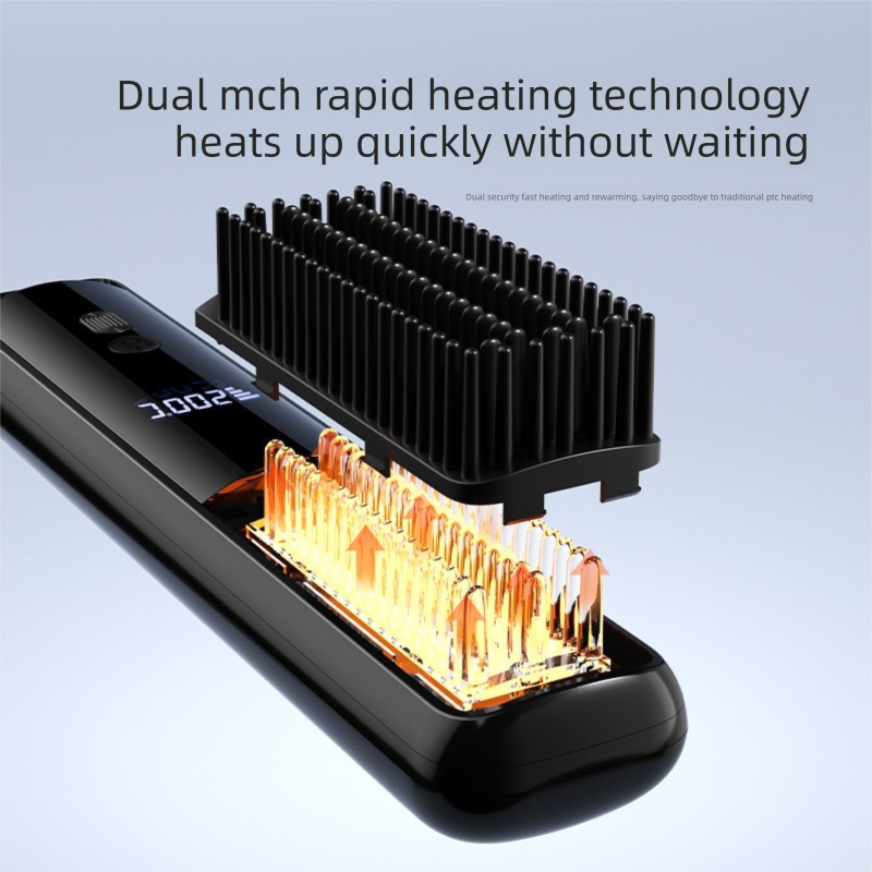 Black Wireless Rechargeable Hair Straightener Brush with LCD Display - USB-C Fast Charging, 3 Heat Settings, Cool Air Function - Portable Ceramic Heating Comb for Travel and Home Use - Image 3