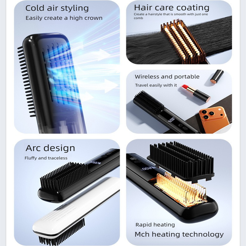 Black Wireless Rechargeable Hair Straightener Brush with LCD Display - USB-C Fast Charging, 3 Heat Settings, Cool Air Function - Portable Ceramic Heating Comb for Travel and Home Use - Image 6