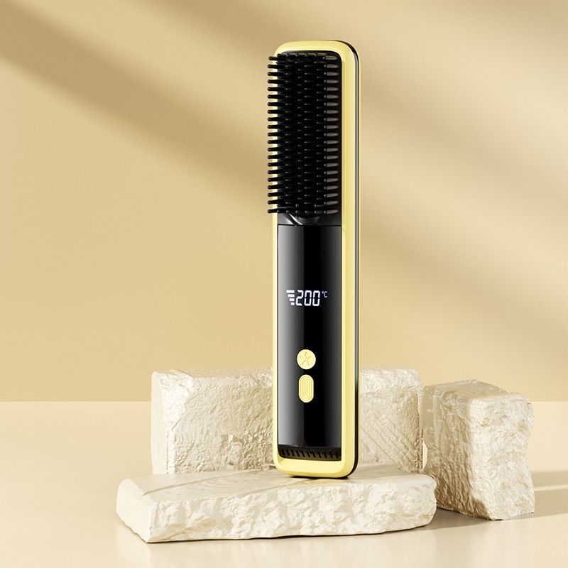 Yellow Wireless Rechargeable Hair Straightener Brush with LCD Display - USB-C Fast Charging, 3 Heat Settings, Cool Air Function - Portable Ceramic Heating Comb for Travel and Home Use - Image 1