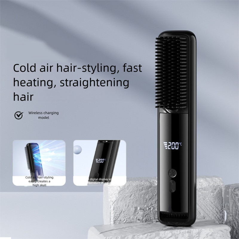 Yellow Wireless Rechargeable Hair Straightener Brush with LCD Display - USB-C Fast Charging, 3 Heat Settings, Cool Air Function - Portable Ceramic Heating Comb for Travel and Home Use - Image 5