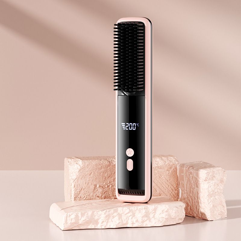 Pink Wireless Rechargeable Hair Straightener Brush with LCD Display - USB-C Fast Charging, 3 Heat Settings, Cool Air Function - Portable Ceramic Heating Comb for Travel and Home Use - Image 1