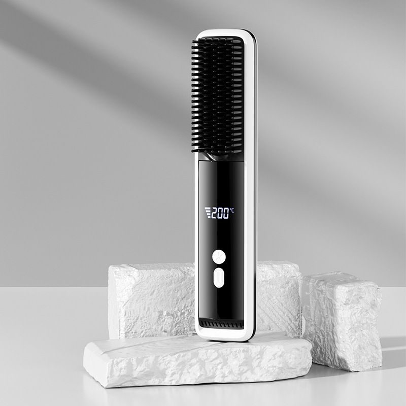 White Wireless Rechargeable Hair Straightener Brush with LCD Display - USB-C Fast Charging, 3 Heat Settings, Cool Air Function - Portable Ceramic Heating Comb for Travel and Home Use - Image 1
