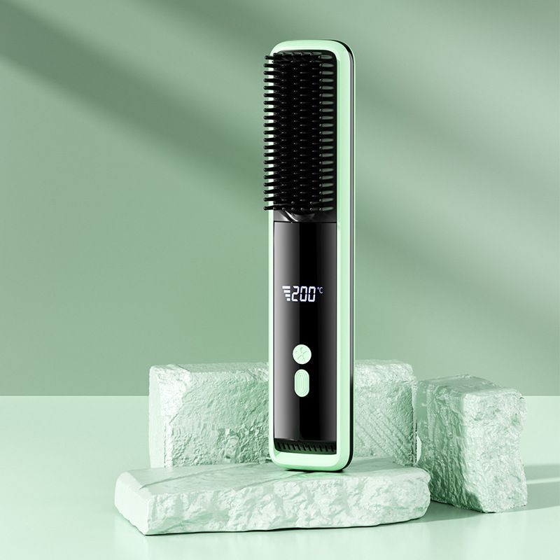 Green Wireless Rechargeable Hair Straightener Brush with LCD Display - USB-C Fast Charging, 3 Heat Settings, Cool Air Function - Portable Ceramic Heating Comb for Travel and Home Use - Image 1
