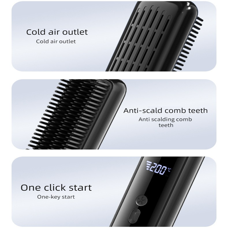 Green Wireless Rechargeable Hair Straightener Brush with LCD Display - USB-C Fast Charging, 3 Heat Settings, Cool Air Function - Portable Ceramic Heating Comb for Travel and Home Use - Image 4